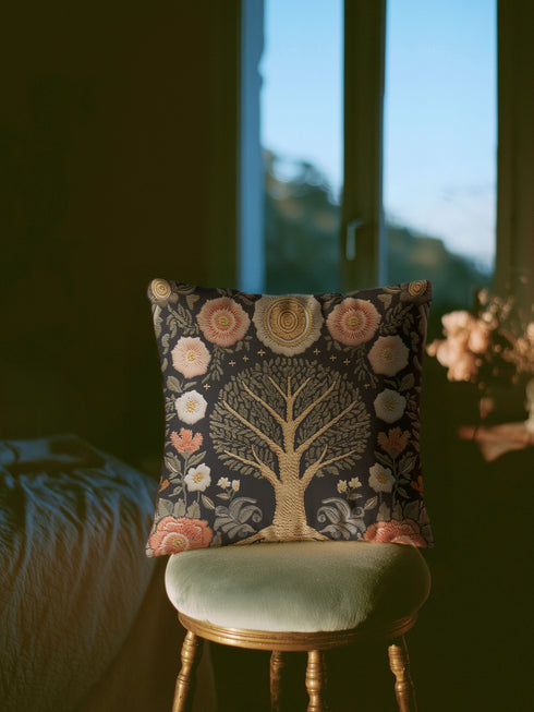 A square charcoal black decorative pillow cover made from a linen-feel fabric. The design features a large, central Tree of Life in antique gold and sage green, with intricate roots at the base. The tree is surrounded by a symmetrical pattern of stylized folk art flowers in muted blush pink, terracotta, and off-white. The print has a faux embroidered, tapestry-style texture. In each of the four corners is a circular, sun-like medallion, completing the ornate, botanical noir design.